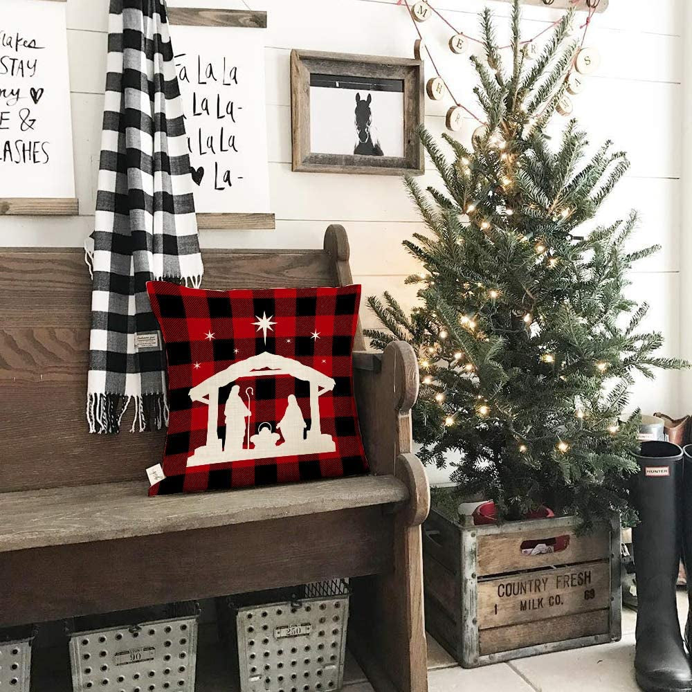 Buffalo Plaid Christmas Pillow Covers 20X20 Set of 4 Christmas Pillows Xmas Winter Holiday Throw Pillows Deer Farmhouse Christmas Decor Red Truck Christmas Decorations for Couch A265-20
