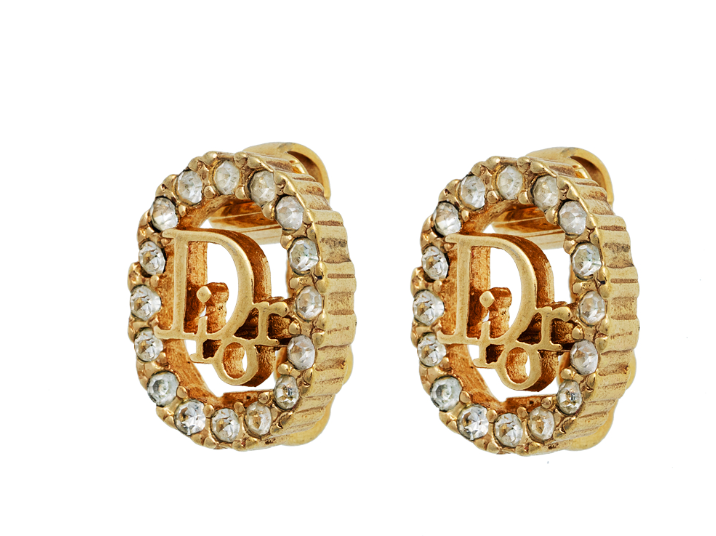 Christian Dior Crystal Oval Logo Clip-on Earrings - Gold (Authentic, Pre-owned) Luxury item