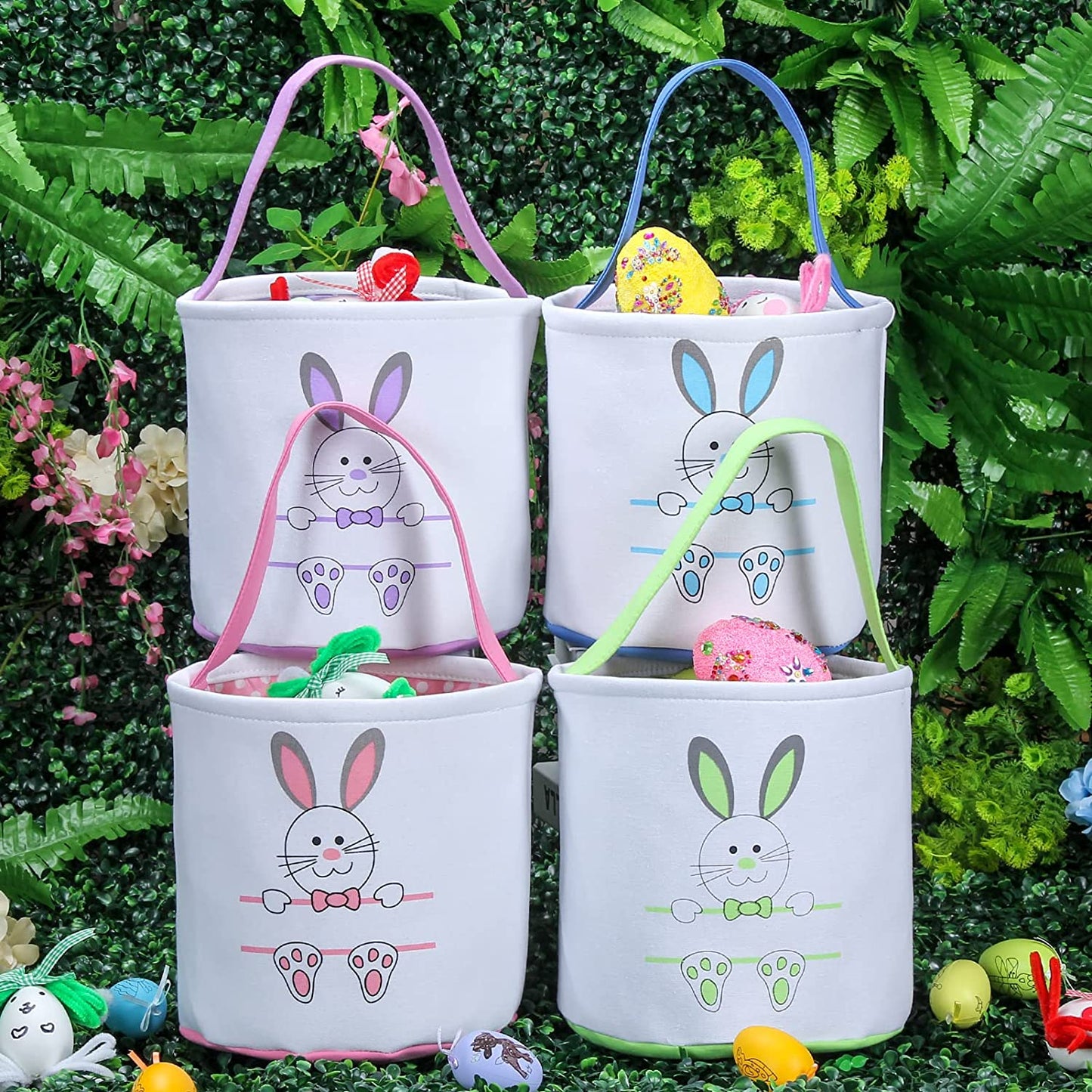 Easter Bunny Basket Egg Bags for Kids,Canvas Cotton Personalized Candy Egg Basket Rabbit Print Buckets with Fluffy Tail Gifts Bags for Easter……