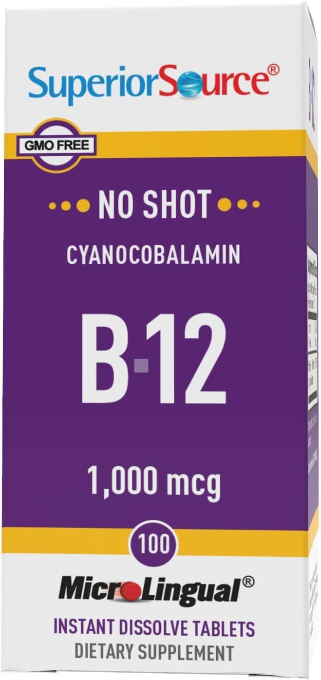 Superior Source No Shot Vitamin B12 Cyanocobalamin 1000 mcg, Quick Dissolve MicroLingual Tablets 100 Count, B12