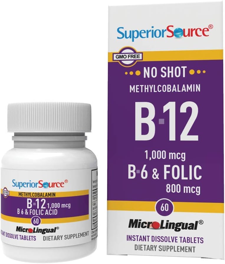 Superior Source No Shot Vitamin B12 Methylcobalamin (1000 mcg), B6, Folic Acid, Quick Dissolve MicroLingual Tablets, 60 Ct