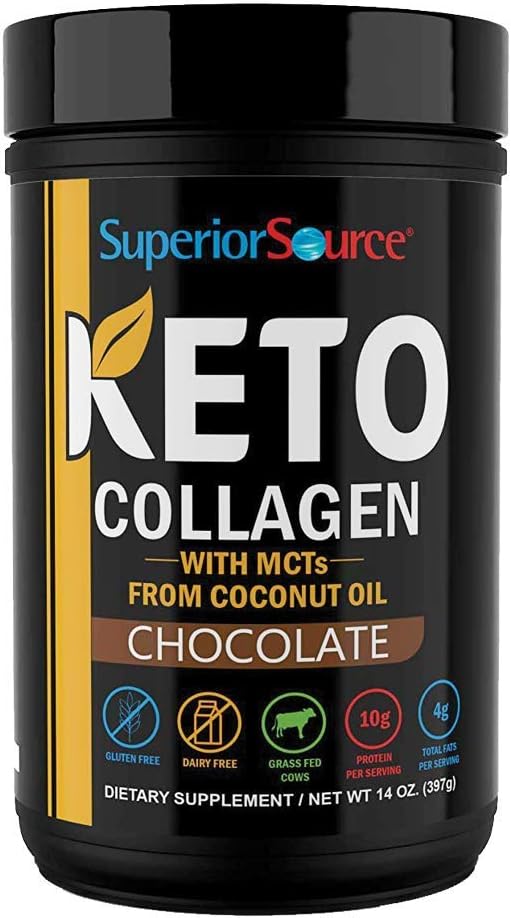 Superior Source Keto Collagen Protein Powder Chocolate (14 oz), Grass Fed Collagen Peptides with MCT Oil, 23 (17 g) Servings