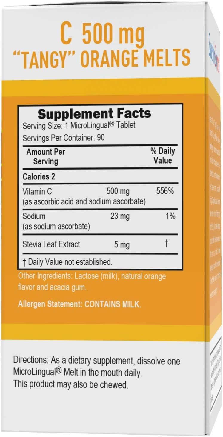 Superior Source Vitamin C 500 mg MicroLingual Tablets - Buffered VIT C Tangy Orange Melts - Immune System Booster, Energy Vitamins - 90 Count
