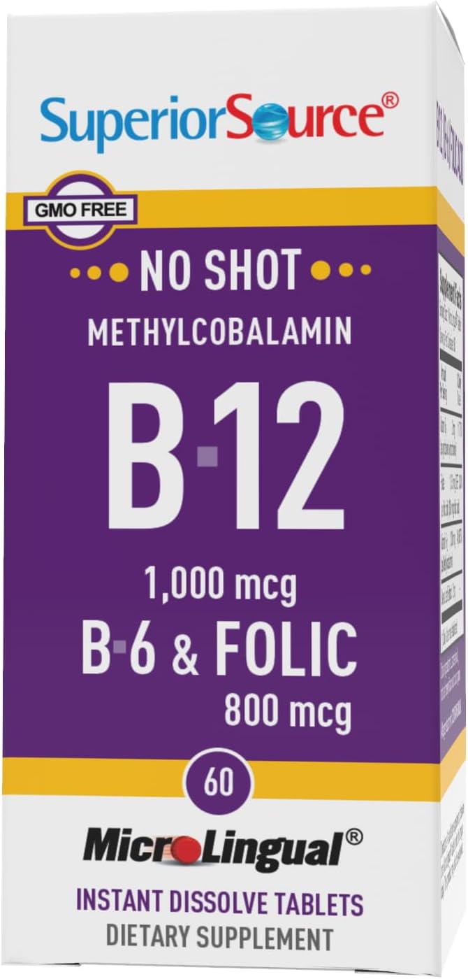 Superior Source No Shot Vitamin B12 Methylcobalamin (1000 mcg), B6, Folic Acid, Quick Dissolve MicroLingual Tablets, 60 Ct