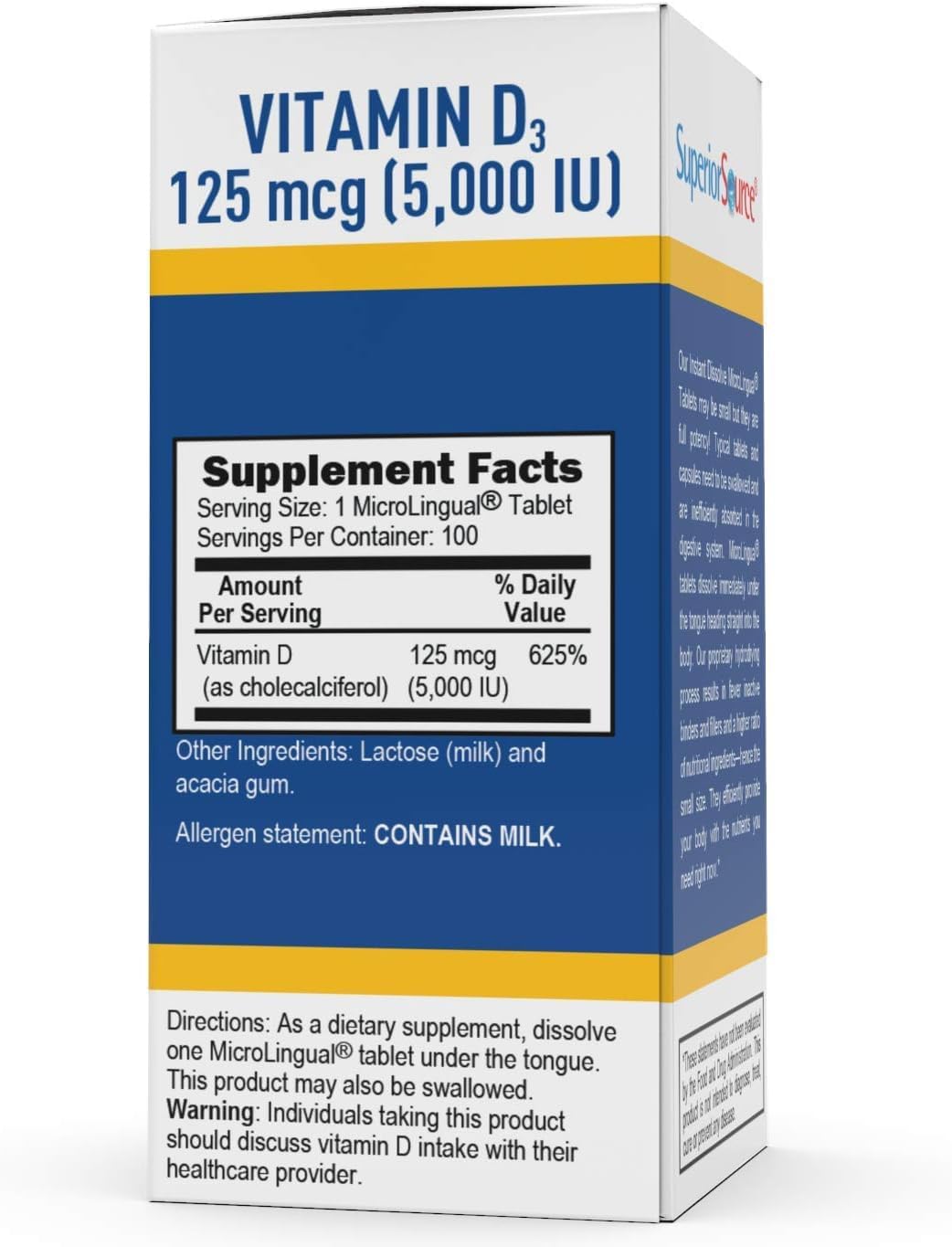 Superior Source Vitamin D3 5000 IU, Under The Tongue Quick Dissolve MicroLingual Tablets, 100 Count, Promotes Strong Bones and Teeth