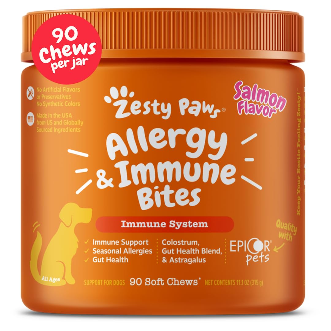 Zesty Paws Vet Strength Dog Allergy Relief Chews, Dog Probiotics for Itchy Skin and Ears, Smoked Cheese, 90ct