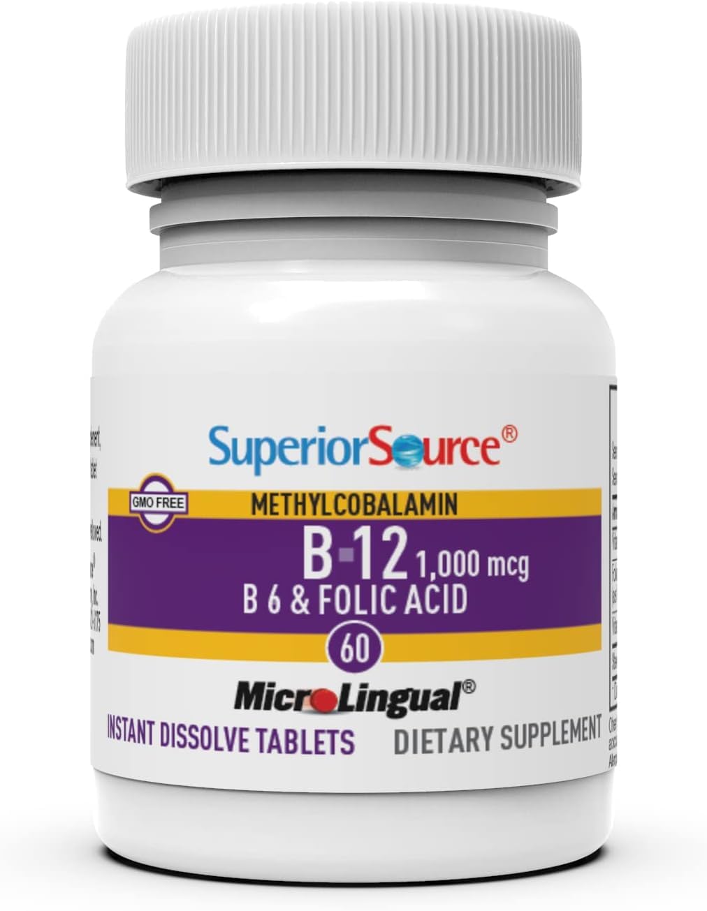 Superior Source No Shot Vitamin B12 Methylcobalamin (1000 mcg), B6, Folic Acid, Quick Dissolve MicroLingual Tablets, 60 Ct