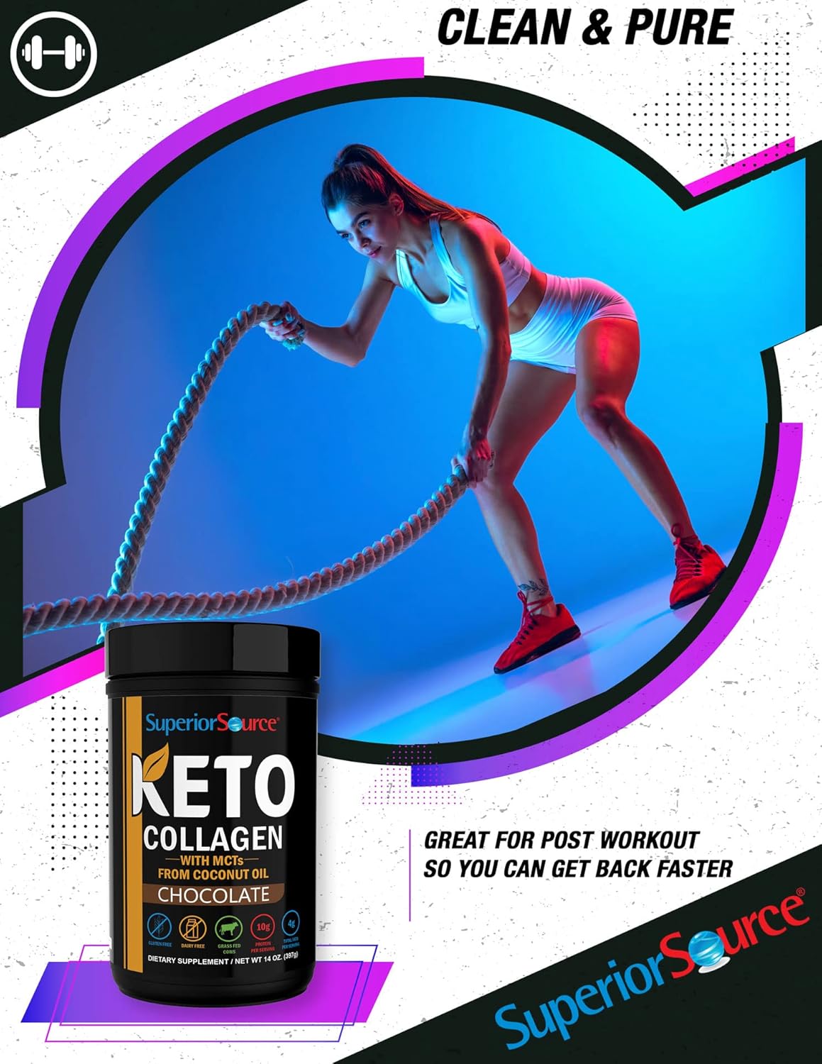 Superior Source Keto Collagen Protein Powder Chocolate (14 oz), Grass Fed Collagen Peptides with MCT Oil, 23 (17 g) Servings