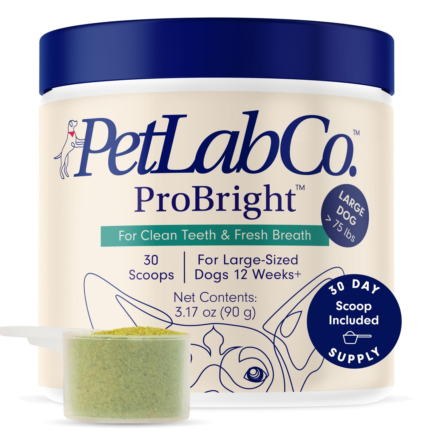 PetLab Co. ProBright Dental Powder - Dog Breath Freshener - Teeth Cleaning Made Easy – Targets Tartar & Bad Breath - Formulated for Medium Size Dogs