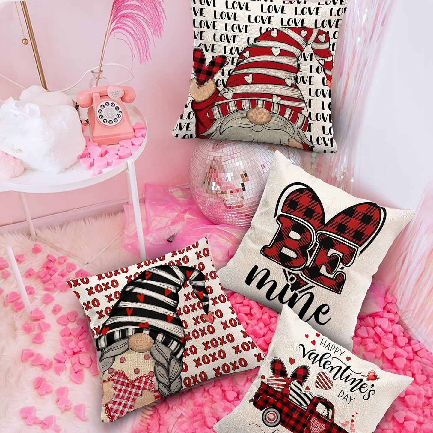 Valentines Day Pillow Covers 18X18 Set of 4, Linen Decorative Valentines Day Pillows for Sofa Buffalo Plaid Cusion Case Outdoor Decor