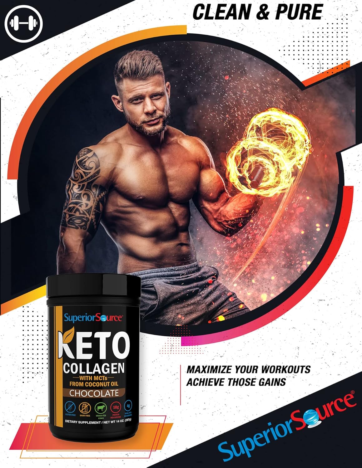 Superior Source Keto Collagen Protein Powder Chocolate (14 oz), Grass Fed Collagen Peptides with MCT Oil, 23 (17 g) Servings