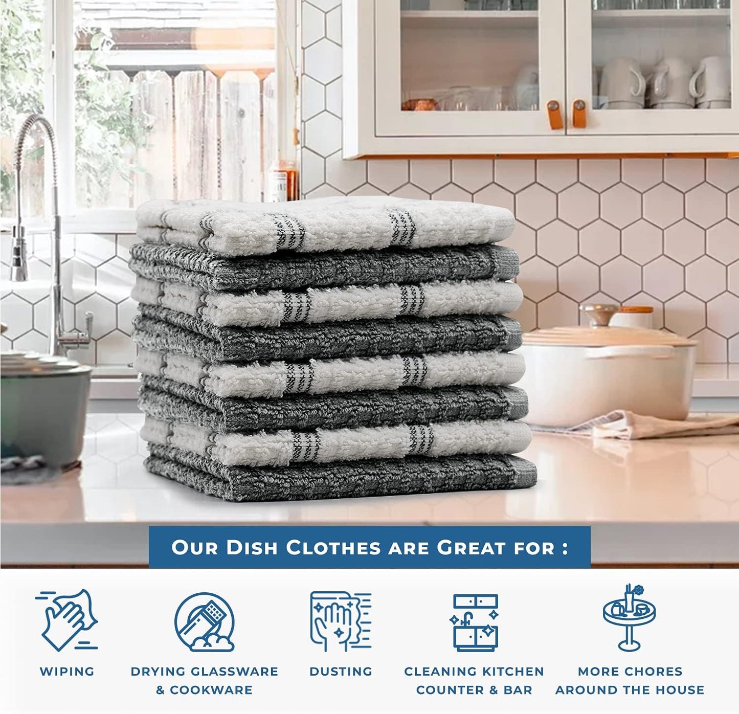 Kitchen Wash Cloths for Dishes - Pack of 8, 12X12 Inches - Super Soft, Highly Absorbent, Quick Dry, Smell Free Rags- Kitchen Towels and Dishcloths Sets for Cleaning - Grey