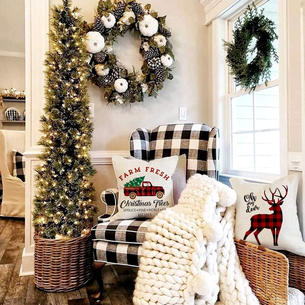Buffalo Plaid Christmas Pillow Covers 20X20 Set of 4 Christmas Pillows Xmas Winter Holiday Throw Pillows Deer Farmhouse Christmas Decor Red Truck Christmas Decorations for Couch A265-20