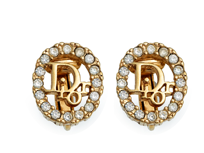 Christian Dior Crystal Oval Logo Clip-on Earrings - Gold (Authentic, Pre-owned) Luxury item