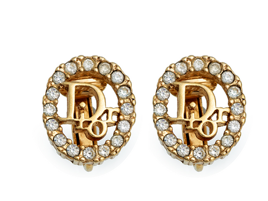 Christian Dior Crystal Oval Logo Clip-on Earrings - Gold (Authentic, Pre-owned) Luxury item