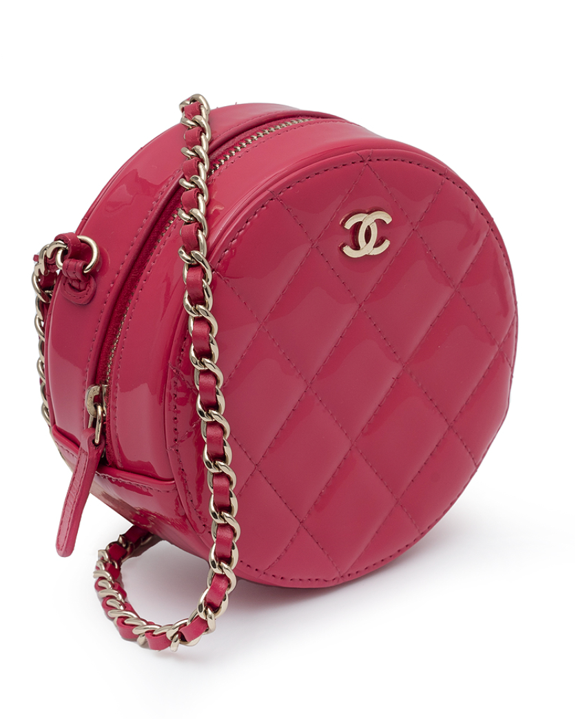 Authentic Chanel Red Patent Round Chain Shoulder Bag – Coco Mark Logo – Pre-owned Luxury Bag Made in Italy