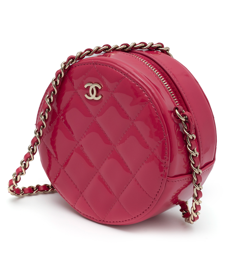 Authentic Chanel Red Patent Round Chain Shoulder Bag – Coco Mark Logo – Pre-owned Luxury Bag Made in Italy