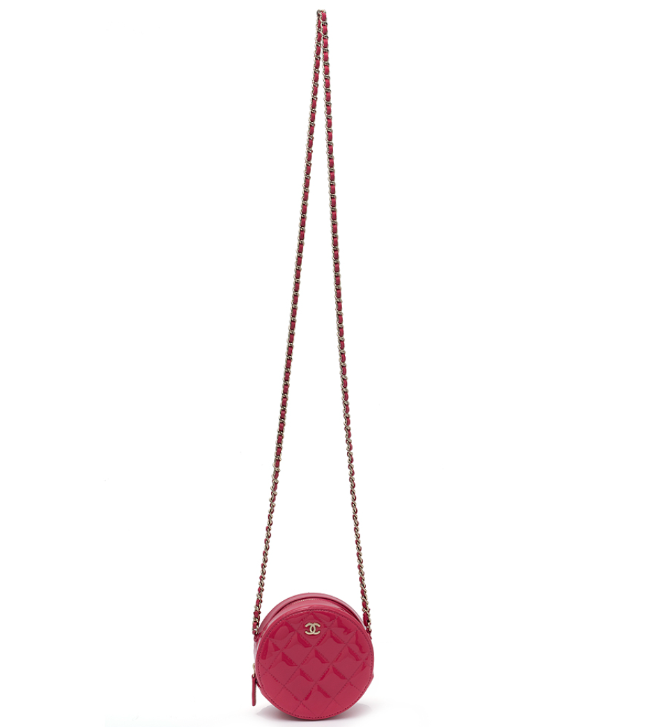 Authentic Chanel Red Patent Round Chain Shoulder Bag – Coco Mark Logo – Pre-owned Luxury Bag Made in Italy