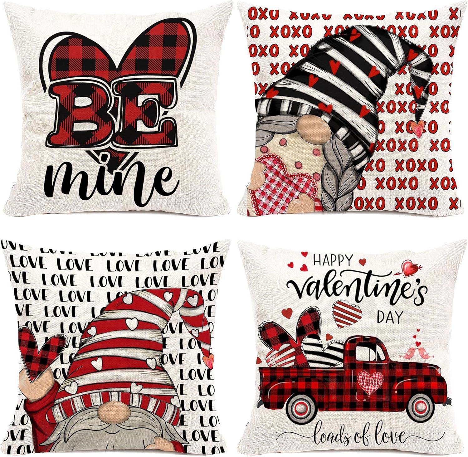 Valentines Day Pillow Covers 18X18 Set of 4, Linen Decorative Valentines Day Pillows for Sofa Buffalo Plaid Cusion Case Outdoor Decor