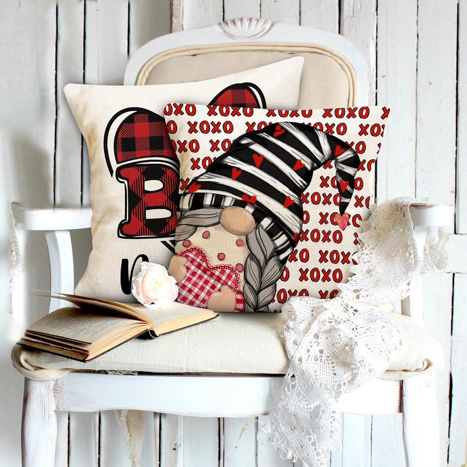 Valentines Day Pillow Covers 18X18 Set of 4, Linen Decorative Valentines Day Pillows for Sofa Buffalo Plaid Cusion Case Outdoor Decor
