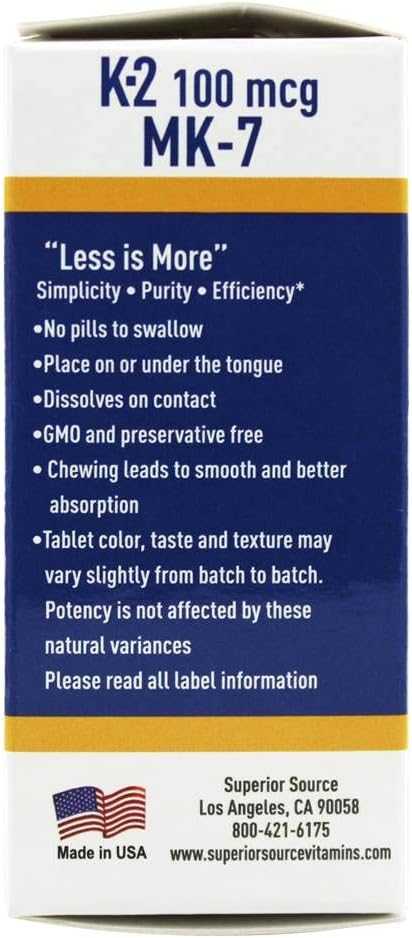 Superior Source Vitamin K2 MK-7 (Menaquinone-7), 100 mcg, Quick Dissolve MicroLignual Tablets, 60 Count, Healthy Bones and Arteries