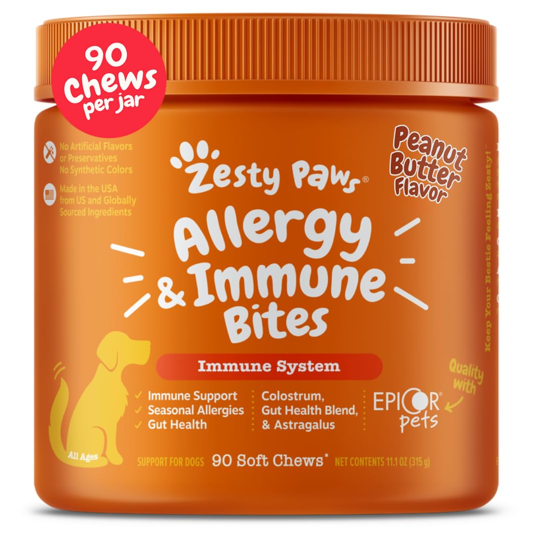 Zesty Paws Vet Strength Dog Allergy Relief Chews, Dog Probiotics for Itchy Skin and Ears, Smoked Cheese, 90ct