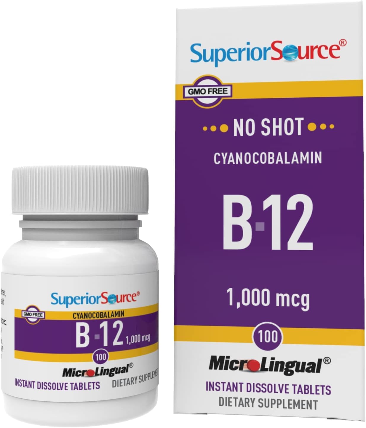 Superior Source No Shot Vitamin B12 Cyanocobalamin 1000 mcg, Quick Dissolve MicroLingual Tablets 100 Count, B12