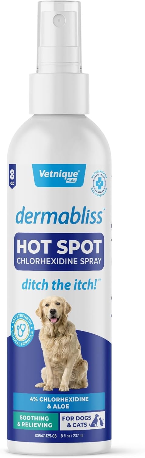 Vetnique Dermabliss Hot Spot Treatment for Dogs - Antiseptic Medicated Chlorhexidine Spray - Vet Recommended for Skin Infections, Hot Spots & Irritation (Hot Spot Spray, 8oz)