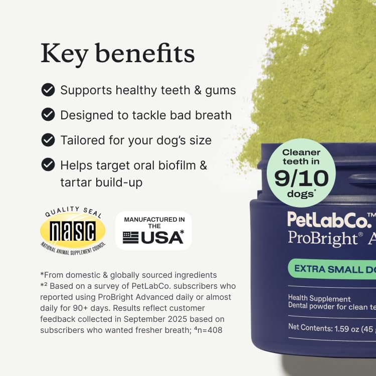 PetLab Co. ProBright Advanced Dental Powder - Dog Breath Freshener - Teeth Cleaning Made Easy – Targets Tartar & Bad Breath