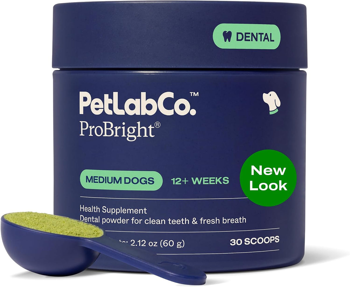 PetLab Co. ProBright Dental Powder - Dog Breath Freshener - Teeth Cleaning Made Easy – Targets Tartar & Bad Breath - Formulated for Medium Size Dogs
