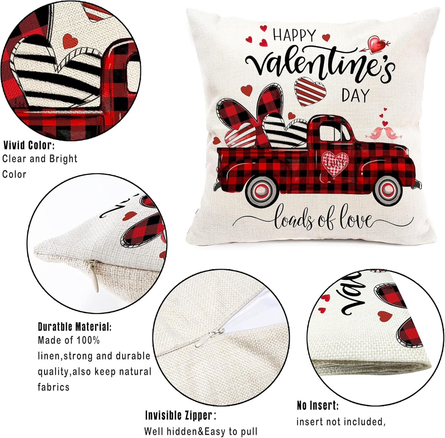 Valentines Day Pillow Covers 18X18 Set of 4, Linen Decorative Valentines Day Pillows for Sofa Buffalo Plaid Cusion Case Outdoor Decor