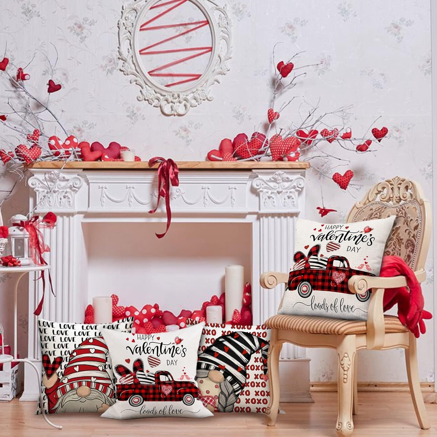 Valentines Day Pillow Covers 18X18 Set of 4, Linen Decorative Valentines Day Pillows for Sofa Buffalo Plaid Cusion Case Outdoor Decor